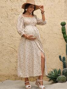 Boho Mama 孕妇碎花七分袖单排扣休闲连衣裙 - 杏色 - 查看 3