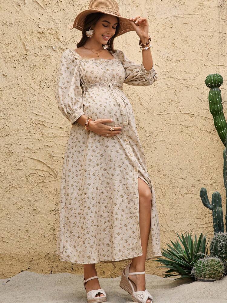 Boho Mama 孕妇碎花七分袖单排扣休闲连衣裙 - 杏色 - 查看 3