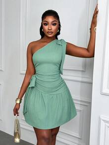 Xyvia Đầm chữ A nữ màu xanh lá cây, chất liệu vải jacquard nhăn, có nơ ở vai và xếp ly ở eo, kiểu dáng thời trang mới, thanh lịch và gợi cảm cho mùa xuân/hè. - màu xanh lá - Xem 3