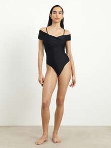 KSTM 女士露肩交叉垂褶连体泳衣，细肩带，适合海滩泳池夏季度假泳装 - 黑色 - 查看 3