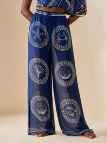 Zivah 2026 Women's Casual Beach Vacation Sheer Chiffon Coverup With Underwater Animal & Print, Pants Style - Blue - View 7