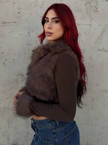 Bearsaez 时尚街头风格女士仿皮毛拉链长袖夹克 - 棕色 - 查看 4