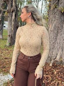 Jeta Ari 1pc Women's Elegant Solid Color Long Sleeve Hollow Out Stretchy T-Shirt - Apricot - View 6
