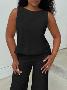 Alexandranx 2 件套女士纯色梭织修身背心和高腰宽松直筒裤套装春季女士热带度假服装亚麻 - 黑色 - 查看 4