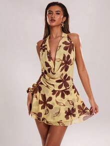 SHEIN BAE 女士性感印花深V露背迷你连衣裙，夏季 - 黃色 - 查看 1
