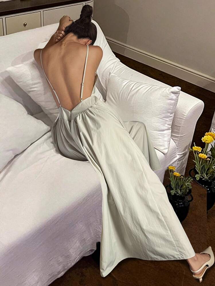 Women's Solid Color Backless Jumpsuit Wide Leg Pants, Elegant Summer Holiday Jumpsuit Lounge Sets For Women