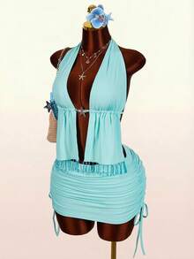 Women's Halter Backless 2 Pieces Set, Crystal Tassel Hem Sexy Pure Style, Suitable For Beach, Cute Vacation Vibe Beach Party Outfit For Women Cover Ups For Bathing Suits Women Summer Outfit For Women Beachwear Bikinis Set For Women With Cover Up Bathing Suit With Cover Up Set - Blue - View 5