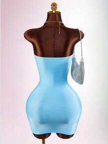 Amplova 女士时尚性感水钻装饰抹胸迷你连衣裙 - 藍色 - 查看 3