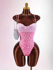 Amplova Women's Fashion Sexy Lace Patchwork Leopard Print Bodysuit - Pink - View 1