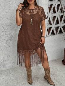 SHEIN LUNE Gaun Renda Rumbai Kasual Ukuran Besar - Coffee Brown - View 5