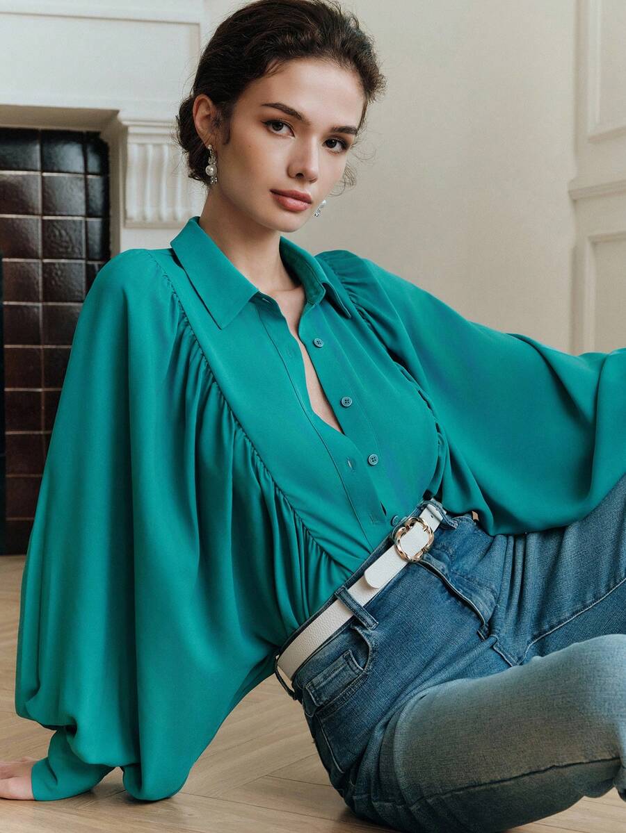 Anewsta Ladies' Elegant Blouse With Ruffle Design And Lantern Sleeves, High-Quality Shirt Suitable For Going Out, Commuting, Dating - Green - View 1