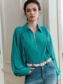 Anewsta Ladies' Elegant Blouse With Ruffle Design And Lantern Sleeves, High-Quality Shirt Suitable For Going Out, Commuting, Dating - Green - View 6