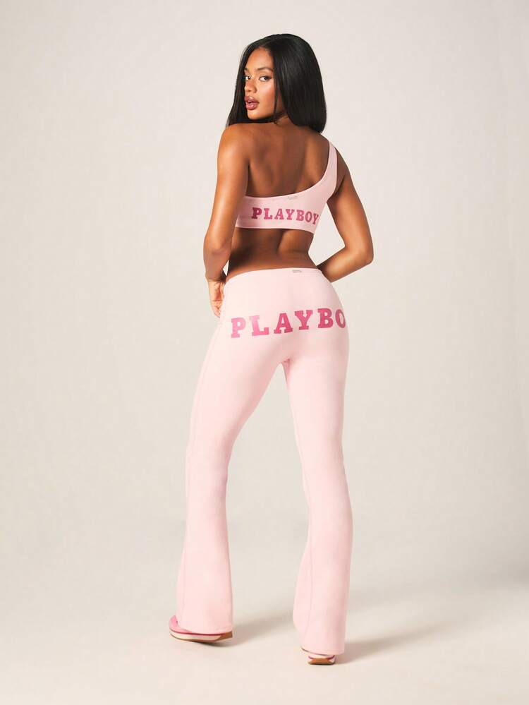 Missguided x Playboy Light Pink One Shoulder Asymmetric Crop Top And High Rise Flared Leggings Set With Print