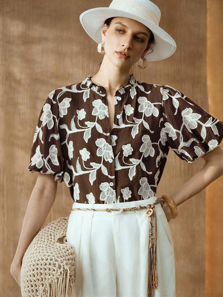 Arave Women's Embroidered Front Button Petal Sleeve Elegant Blouse - Coffee Brown - View 1