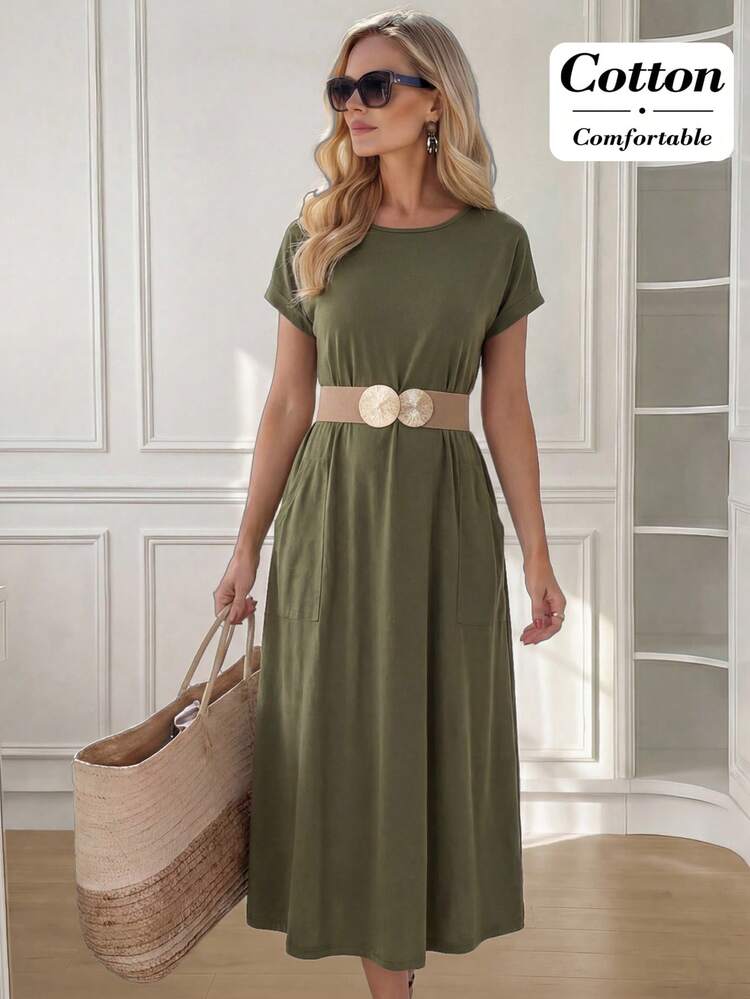 Casual Army Green 100% Cotton Midi Dress For Women Summer Spring Vacation Dress With Belted Waist And Side Pockets, Ideal For Beach Vacation Going Out Casual Daily Wear Easter And Festival Occasions