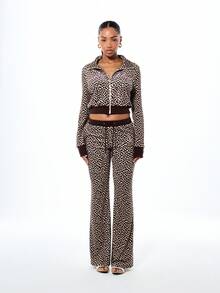 BABYPHAT Quần nỉ nhung in họa tiết báo đốm, cạp cao, ống rộng kiểu Palazzo, quần thường ngày có dây rút ở eo, họa tiết da báo màu nâu, thoải mái cho mùa thu đông. - màu nâu - Xem 3