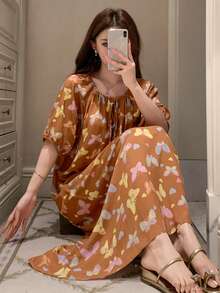 DAZY Women's Loose Butterfly Print Drawstring Neck Nightgown, Summer - Brown - View 1
