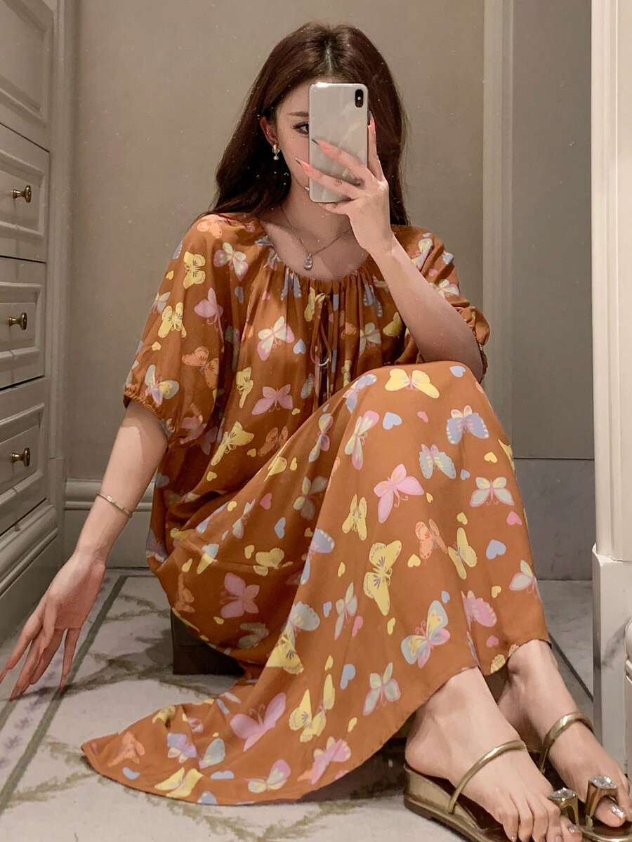 DAZY Women's Loose Butterfly Print Drawstring Neck Nightgown, Summer - Brown - View 1