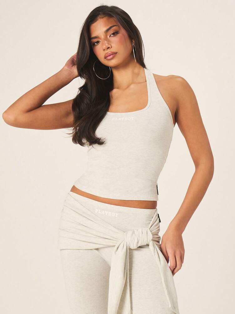 Missguided x Playboy Halter Neck Cami Top With Tie Detail Front Crop Style Summer Casual Sleeveless Scoop Neck Light Heather Grey Knit Tank