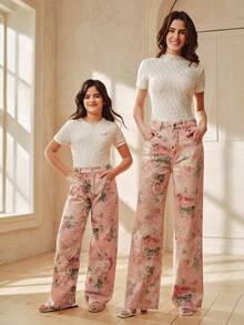 Anewsta Quần jeans ống đứng in hoa thêu thanh lịch dành cho bé gái, kiểu dáng thường ngày và thời trang, thích hợp cho mùa xuân/hè. - Hồng - Xem 2