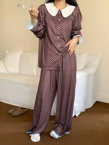 DAZY Cute Polka Dot Print Contrast Color Peter Pan Collar Women Pajama Set - Coffee Brown - View 3