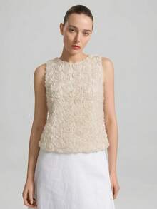 Ontre 女士四季粉色立体花朵网纱背心，圆领时尚设计背心，日常百搭背心 - 米色 - 查看 1