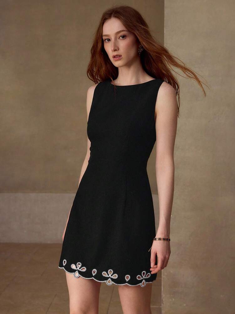 WOMEN'S LINEN BLEND EMBROIDERED CASUAL/DATE SHORT DRESS, SPRING/SUMMER