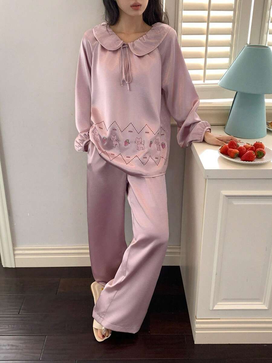 DAZY 2pcs Cute Cat Pattern Loose Fit Shirt Collar Long Sleeve Top And Pants Women Pajama Set, Spring - Pink - View 1