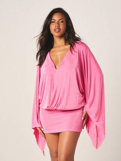 MISSGUIDED 女士粉色深V领裹身式超大泡泡袖迷你连衣裙，垂褶鸡尾酒会晚宴修身雪纺款式