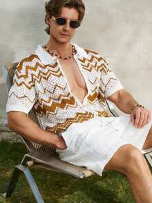 Airaco Men's Perforated Jacquard Wavy Pattern Knit Polo Shirt, Short Sleeve, Summer - Camel - View 6