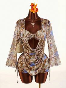 Amplova 3pcs Women's Swimwear Set, Plunging Neckline Long Sleeve Backless Top, Side Ruched Skirt & Bikini, Flare Sleeve, Suitable For Vacation & Beach Wear - Multicolor - View 4