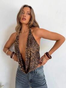 Aloruh 女士春夏新款豹纹动物图案优雅性感时尚Y2K性感户外音乐节缎面珍珠装饰露背无袖深V垂褶领吊带背心 - 彩色 - 查看 5