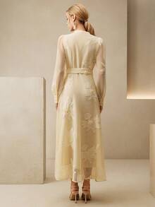 Anewsta 优雅花卉刺绣薄纱花瓣袖系腰女装 - 黃色 - 查看 2