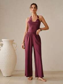 Swim Oasis 女士性感纯色垂褶领露背连体泳衣，搭配阔腿宽松直筒裤，适合夏季度假 - 酒紅色 - 查看 5