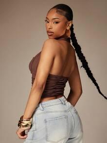 Denimoi Sexy Metallic Decor Ruched Halter Neck Blouse For Women, Summer - Brown - View 3