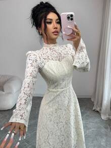 Elenzga Elegant Lace Long Sleeve Dress, Light Yellow, Suitable For All Seasons - Cream - View 3