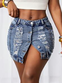 Slaydiva 女士休闲水洗做旧修身牛仔迷你裙，夏季 - 淺色水洗藍 - 查看 3