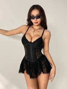 SHEIN PETITE Y2K 女士三角杯蕾丝拼接连衣裙，W 型钢圈，金属扣装饰，蕾丝下摆，夏季连衣裙，太阳裙，女士夏季连衣裙，春季服装 - 黑色 - 查看 3