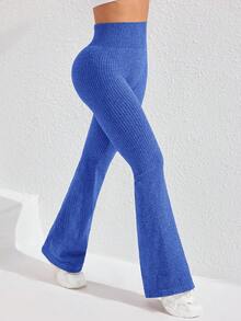 Slayform Slayform Seamless Solid Color Ribbed High Waist Sports Yoga Leggings - Blue - View 2