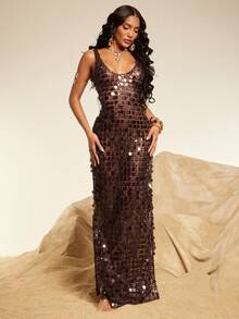 Silquee 女士性感沙滩度假亮片镂空半透明连衣裙，夏季 - 咖啡棕 - 查看 10