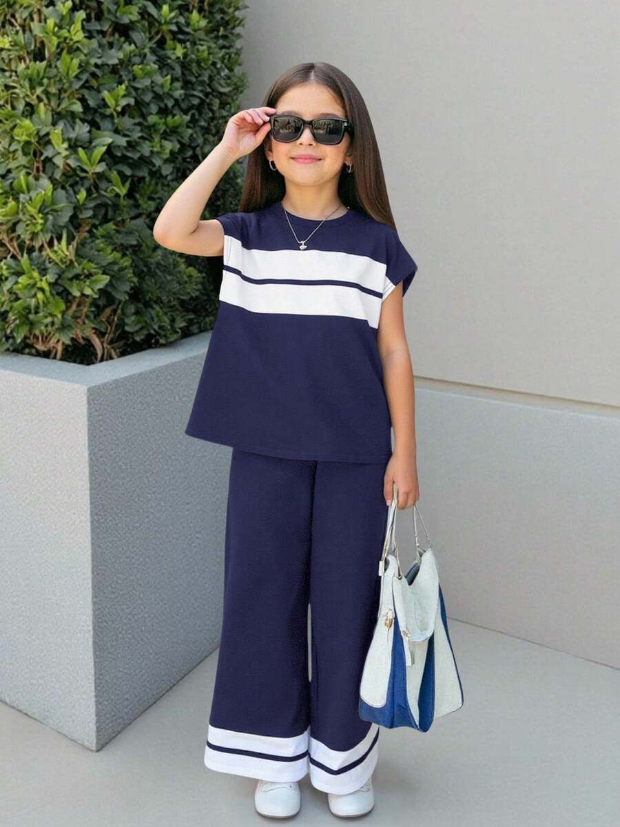 Firerie Kids Firerie Kids 2件套少女针织T恤和裤子撞色套装,休闲日常时尚宽松舒适 - 藏蓝色 - 查看 1
