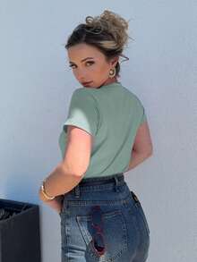 Jeta Ari Casual Loose Summer Solid Color Embroidered Heart Short Sleeve T-Shirt For Women - Mint Green - View 2