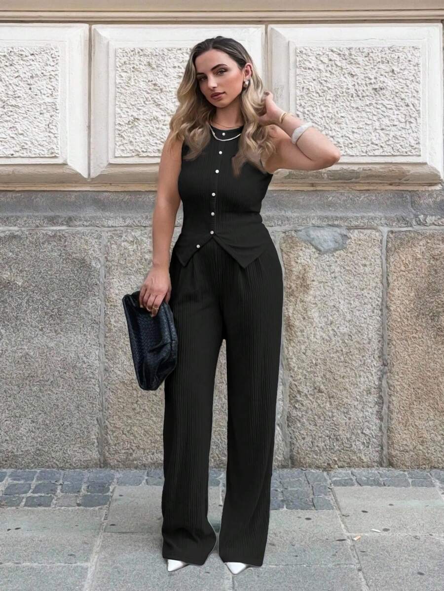 Jeta Ari Women's Elegant Commuter Style Solid Color Textured 2 Pieces Set -Sleeveless Round Neck Buttoned Fitted Camisole And High Waist Elastic Waist Loose Straight Leg Pants - Black - View 1
