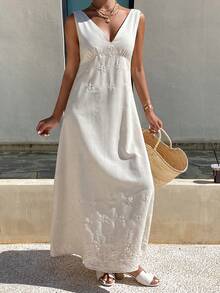 DAZY 春夏时尚白色V领修身上衣，休闲沙滩度假长裙，情人节及婚礼吊带裙 - 象牙白色 - 查看 3