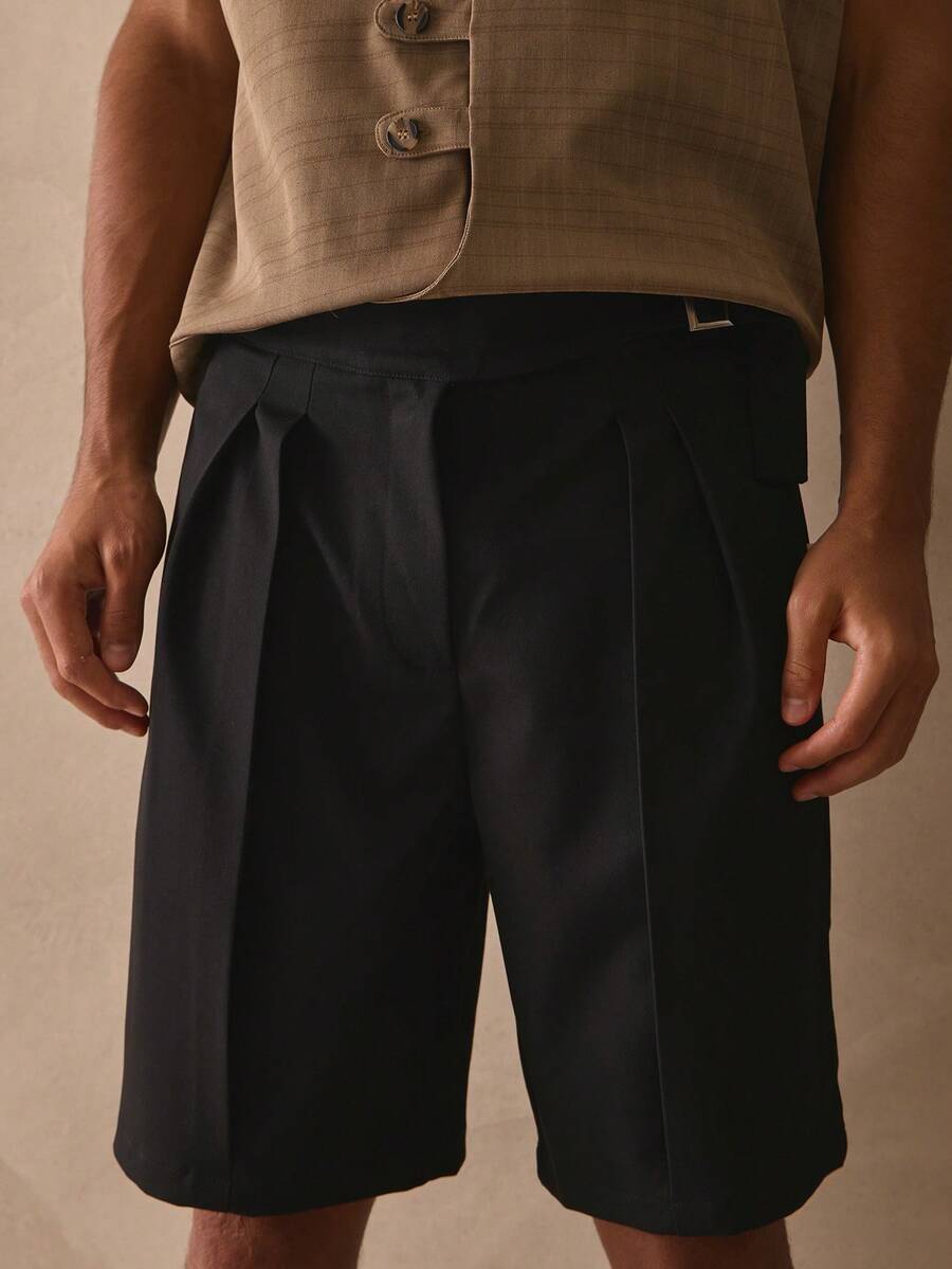 Musero Tailored Long Line Pleated Bermuda Fabric Belt Shorts Smart Style Spring Summer Essentials - Black - View 1