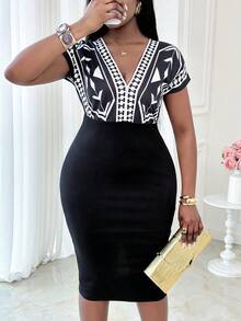 Xyvia Dropped Shoulder Sleeve Print Fabric Patchwork Waist Wrap V-Neck Elegant Romantic Women's Vacation Dress - Multicolor - View 5