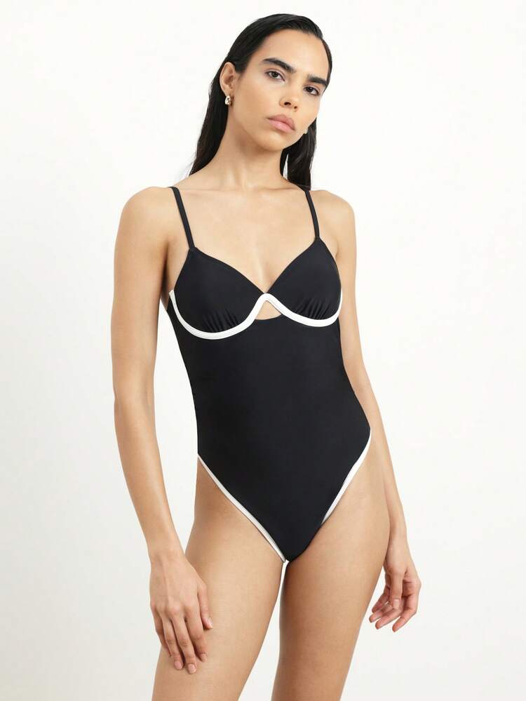 KSTM Underwire One Piece Swimsuit With Contrast White Binding Cut Out Back Tie Detail Summer Beach