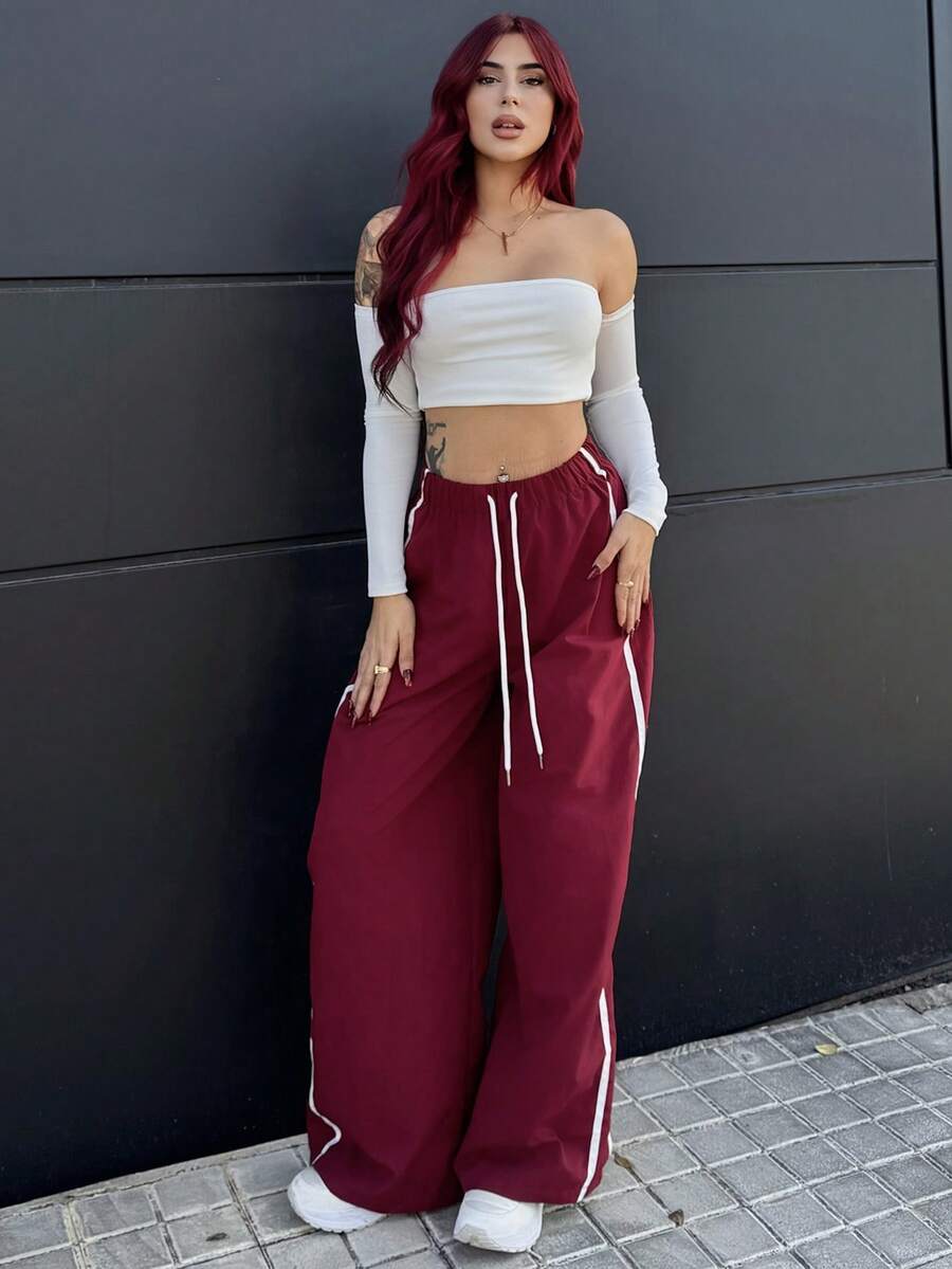 Bearsaez Women's Drawstring Waist Wide Leg Casual Loose Sports Harem Pants Fall Cloth For Women - Red - View 1