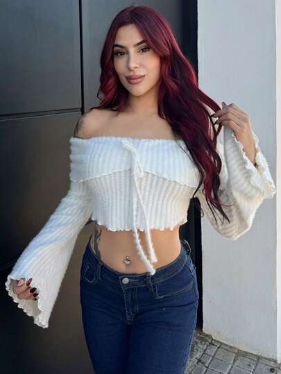 Bearsaez 女式毛绒露肩纯色喇叭袖T恤、万圣节、露肩上衣、女士演唱会服装、波西米亚风女装、返校季、女士秋季服装、女士外出上衣