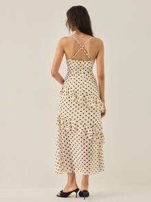 Gaivellea Women's Elegant Romantic Delicate Outdoor/Date Dress, Spaghetti Strap, Apricot Base With Black Polka Dots, Draped Neckline, Ruffle Hem, Mermaid Silhouette, Spring/Summer - Apricot - View 2